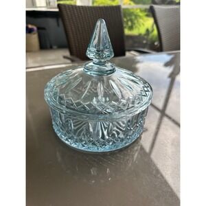 Vintage Blue Glass Candy Dish Lidded Trinket Jewelry Box Crystal Cut Decor
